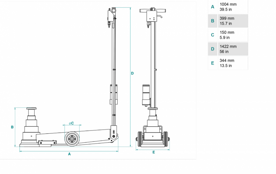 Gato oleoneumatico para vehículos pesados de 70t PTJ70154R dimensiones